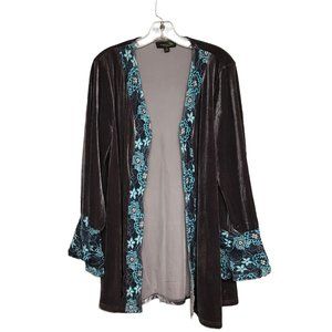 Velvet Greige Duster Cardigan Coat With Blue And White Embroidered Lace Accents